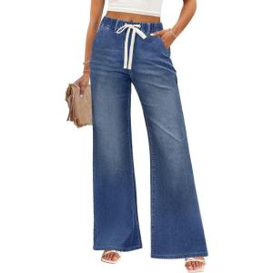 ZESICA Womens Drawstring High Waist Jeans Loose Fit Wide Leg Straight Baggy Trendy Denim Pants with Pockets(Dustyblue)