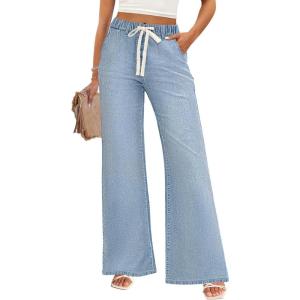 ZESICA Womens Drawstring High Waist Jeans Loose Fit Wide Leg Straight Baggy Trendy Denim Pants with Pockets(Lightblue)