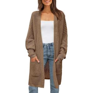 ZESICA Women’s Fall 2025 Long Batwing Sleeve Open Front Chunky Knit Cardigan Sweater,Khaki,Large