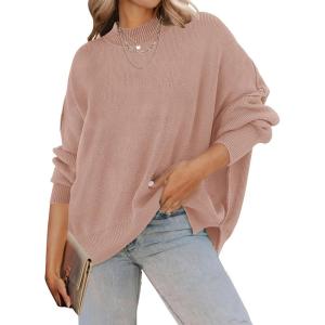 ZESICA Women’s Fall 2026 Casual Long Sleeve Crew Neck Side Slit Oversized Ribbed Knit Pullover Sweater Tops(Almond)