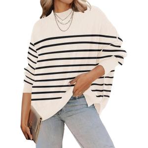 ZESICA Women’s Fall 2026 Casual Long Sleeve Crew Neck Side Slit Oversized Ribbed Knit Pullover Sweater Tops(Apricotstripe)