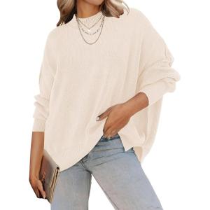 ZESICA Women’s Fall 2026 Casual Long Sleeve Crew Neck Side Slit Oversized Ribbed Knit Pullover Sweater Tops(Beige)