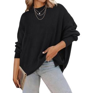 ZESICA Women’s Fall 2026 Casual Long Sleeve Crew Neck Side Slit Oversized Ribbed Knit Pullover Sweater Tops(Black)