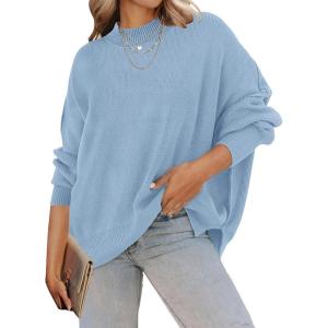 ZESICA Women’s Fall 2026 Casual Long Sleeve Crew Neck Side Slit Oversized Ribbed Knit Pullover Sweater Tops(Blue)