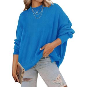 ZESICA Women’s Fall 2026 Casual Long Sleeve Crew Neck Side Slit Oversized Ribbed Knit Pullover Sweater Tops(Brightblue)