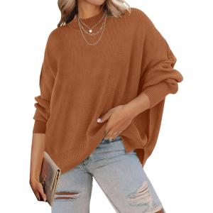ZESICA Women’s Fall 2026 Casual Long Sleeve Crew Neck Side Slit Oversized Ribbed Knit Pullover Sweater Tops(Caramel)