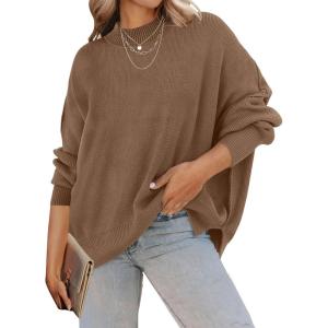 ZESICA Women’s Fall 2026 Casual Long Sleeve Crew Neck Side Slit Oversized Ribbed Knit Pullover Sweater Tops(Coffee)