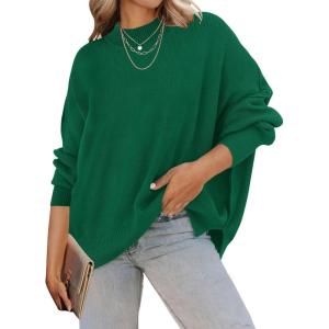 ZESICA Women’s Fall 2026 Casual Long Sleeve Crew Neck Side Slit Oversized Ribbed Knit Pullover Sweater Tops(Darkgreen)