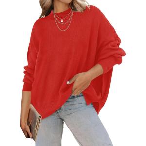 ZESICA Women’s Fall 2026 Casual Long Sleeve Crew Neck Side Slit Oversized Ribbed Knit Pullover Sweater Tops(Firered)