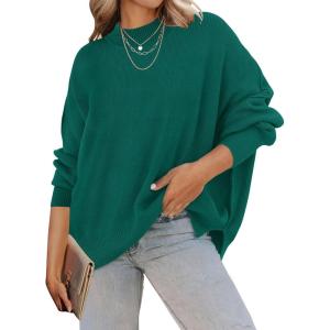 ZESICA Women’s Fall 2026 Casual Long Sleeve Crew Neck Side Slit Oversized Ribbed Knit Pullover Sweater Tops(Forestgreen)