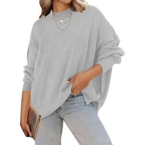 ZESICA Women’s Fall 2026 Casual Long Sleeve Crew Neck Side Slit Oversized Ribbed Knit Pullover Sweater Tops(Grey)