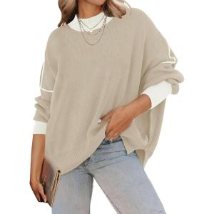 ZESICA Women’s Fall 2026 Casual Long Sleeve Crew Neck Side Slit Oversized Ribbed Knit Pullover Sweater Tops(Greyapricot)