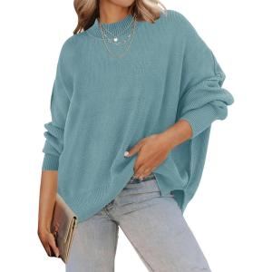 ZESICA Women’s Fall 2026 Casual Long Sleeve Crew Neck Side Slit Oversized Ribbed Knit Pullover Sweater Tops(Lake)