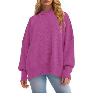 ZESICA Women’s Fall 2026 Casual Long Sleeve Crew Neck Side Slit Oversized Ribbed Knit Pullover Sweater Tops(Lilac)