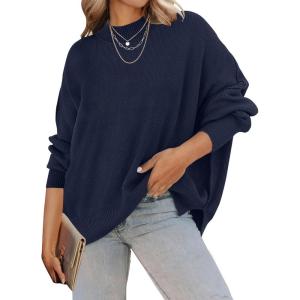 ZESICA Women’s Fall 2026 Casual Long Sleeve Crew Neck Side Slit Oversized Ribbed Knit Pullover Sweater Tops(Navy)