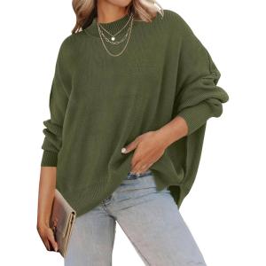ZESICA Women’s Fall 2026 Casual Long Sleeve Crew Neck Side Slit Oversized Ribbed Knit Pullover Sweater Tops(Olive)
