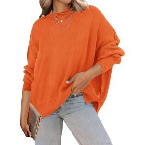 ZESICA Women’s Fall 2026 Casual Long Sleeve Crew Neck Side Slit Oversized Ribbed Knit Pullover Sweater Tops(Orange)