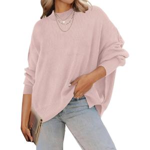 ZESICA Women’s Fall 2026 Casual Long Sleeve Crew Neck Side Slit Oversized Ribbed Knit Pullover Sweater Tops(Pink)