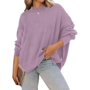 ZESICA Women’s Fall 2026 Casual Long Sleeve Crew Neck Side Slit Oversized Ribbed Knit Pullover Sweater Tops(Purple)