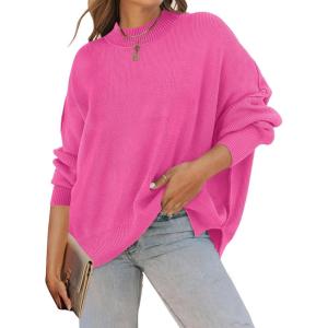 ZESICA Women’s Fall 2026 Casual Long Sleeve Crew Neck Side Slit Oversized Ribbed Knit Pullover Sweater Tops(Rose)