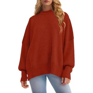 ZESICA Women’s Fall 2026 Casual Long Sleeve Crew Neck Side Slit Oversized Ribbed Knit Pullover Sweater Tops(Rust)