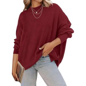 ZESICA Women’s Fall 2026 Casual Long Sleeve Crew Neck Side Slit Oversized Ribbed Knit Pullover Sweater Tops(Wine)