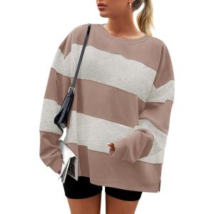 ZESICA Women’s Fall Sweatshirt Tops Crewneck Long Sleeve Loose Oversized Striped Fleece Pullover 2026 Clothes(Almond)