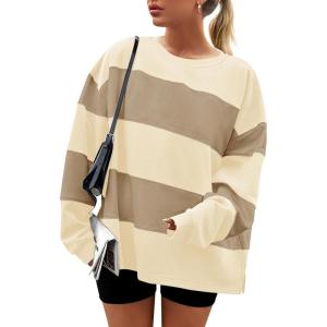 ZESICA Women’s Fall Sweatshirt Tops Crewneck Long Sleeve Loose Oversized Striped Fleece Pullover 2026 Clothes(Apricot)