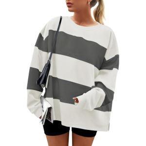 ZESICA Women’s Fall Sweatshirt Tops Crewneck Long Sleeve Loose Oversized Striped Fleece Pullover 2026 Clothes(Grey)