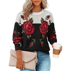 ZESICA Women’s Floral Oversized Sweaters 2026 Fall Crewneck Long Sleeve Casual Chunky Knit Pullover Sweater Tops(Black)