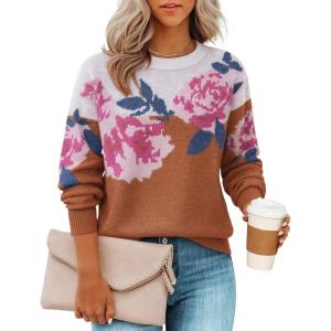 ZESICA Women’s Floral Oversized Sweaters 2026 Fall Crewneck Long Sleeve Casual Chunky Knit Pullover Sweater Tops(Caramel)
