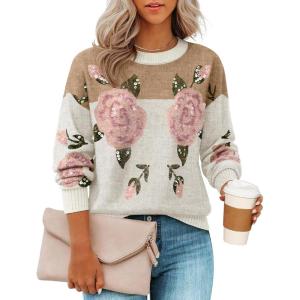 ZESICA Women’s Floral Oversized Sweaters 2026 Fall Crewneck Long Sleeve Casual Chunky Knit Pullover Sweater Tops(Khaki)