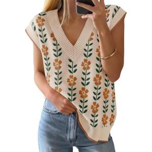 ZESICA Women’s Floral Sleeveless Sweater Vest 2026 Summer Oversized Cap Sleeve V Neck Loose Knit Tank Tops Casual Outfits(Apricot)