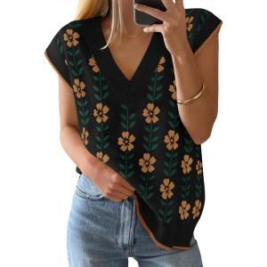 ZESICA Women’s Floral Sleeveless Sweater Vest 2026 Summer Oversized Cap Sleeve V Neck Loose Knit Tank Tops Casual Outfits(Black)