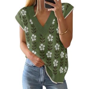 ZESICA Women’s Floral Sleeveless Sweater Vest 2026 Summer Oversized Cap Sleeve V Neck Loose Knit Tank Tops Casual Outfits(Dustygreen)