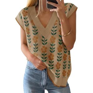 ZESICA Women’s Floral Sleeveless Sweater Vest 2026 Summer Oversized Cap Sleeve V Neck Loose Knit Tank Tops Casual Outfits(Khaki)