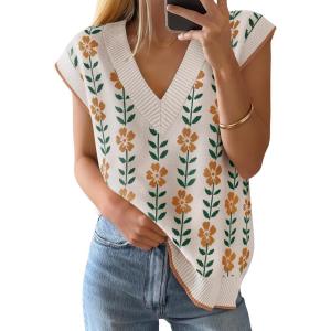 ZESICA Women’s Floral Sleeveless Sweater Vest 2026 Summer Oversized Cap Sleeve V Neck Loose Knit Tank Tops Casual Outfits(White)