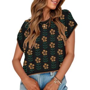 ZESICA Womens Floral Sweater Vest Summer Short Sleeve Crew Neck Cute Loose Knit Tops 2026 Trendy Clothes Outfits(Black)