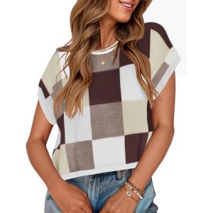 ZESICA Womens Floral Sweater Vest Summer Short Sleeve Crew Neck Cute Loose Knit Tops 2026 Trendy Clothes Outfits(Brown)