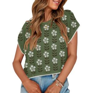 ZESICA Womens Floral Sweater Vest Summer Short Sleeve Crew Neck Cute Loose Knit Tops 2026 Trendy Clothes Outfits(Dustygreen)