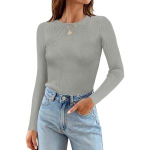ZESICA Women’s Long Sleeve Crewneck Shirts 2026 Spring Ribbed Knit Sweater Slim Fitted Casual Basic Tee Tops(Grey)