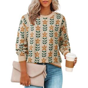 ZESICA Women’s Long Sleeve Crewneck Sweater 2026 Fall Printed Cute Oversized Knitted Pullover Tops Trendy Clothes(Apricot)