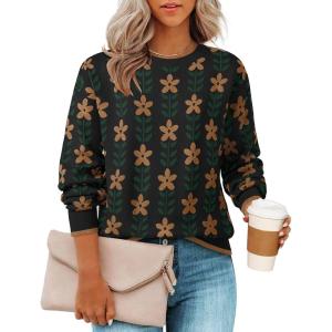 ZESICA Women’s Long Sleeve Crewneck Sweater 2026 Fall Printed Cute Oversized Knitted Pullover Tops Trendy Clothes(Black)