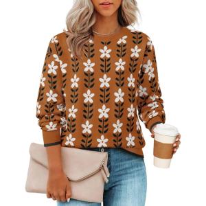 ZESICA Women’s Long Sleeve Crewneck Sweater 2026 Fall Printed Cute Oversized Knitted Pullover Tops Trendy Clothes(Caramel)
