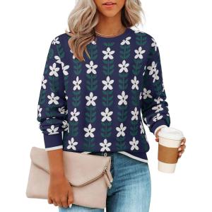 ZESICA Women’s Long Sleeve Crewneck Sweater 2026 Fall Printed Cute Oversized Knitted Pullover Tops Trendy Clothes(Navy)