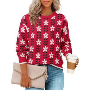 ZESICA Women’s Long Sleeve Crewneck Sweater 2026 Fall Printed Cute Oversized Knitted Pullover Tops Trendy Clothes(Red)