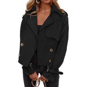 ZESICA Womens Long Sleeve Crop Trench Coat Lapel Double Breasted Loose Casual Jacket with Pockets(Black)