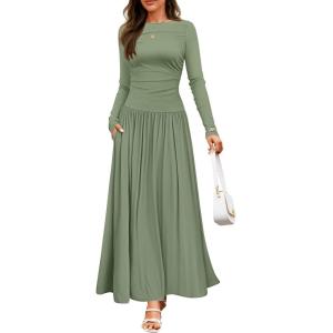 ZESICA Women’s Long Sleeve Fall Maxi Dress 2026 Crewneck Knit Casual Slim Swing Pleated Dresses with Pockets(Bean Green)