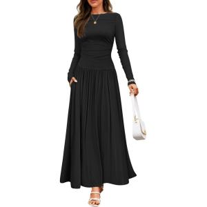 ZESICA Women’s Long Sleeve Fall Maxi Dress 2026 Crewneck Knit Casual Slim Swing Pleated Dresses with Pockets(Black)