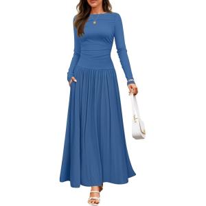 ZESICA Women’s Long Sleeve Fall Maxi Dress 2026 Crewneck Knit Casual Slim Swing Pleated Dresses with Pockets(Navy)